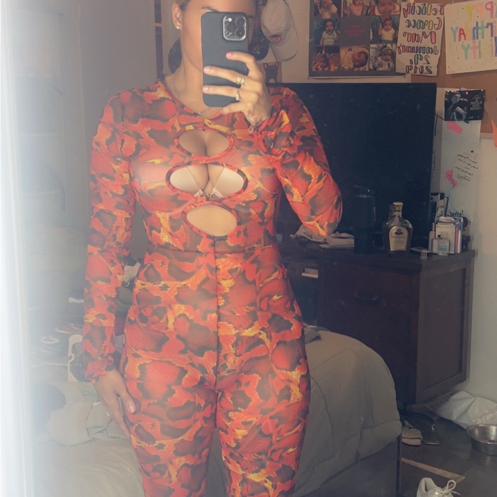 Vibrant Red and Orange Cutout Jumpsuit